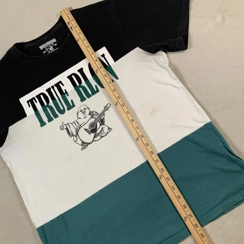 True Religion Shirt Mens XL Black Green‎ Colorblock Short Sleeve Buddha Logo